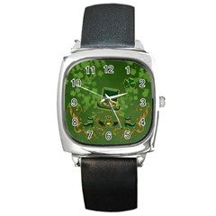 Happy St  Patrick s Day With Clover Square Metal Watch by FantasyWorld7