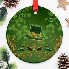 Happy St  Patrick s Day With Clover Ornament (round) by FantasyWorld7