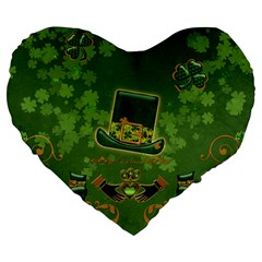 Happy St  Patrick s Day With Clover Large 19  Premium Flano Heart Shape Cushions by FantasyWorld7