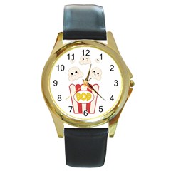 Cute Kawaii Popcorn Round Gold Metal Watch by Valentinaart