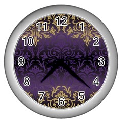 Art Nouveau,vintage,damask,gold,purple,antique,beautiful Wall Clocks (silver)  by NouveauDesign