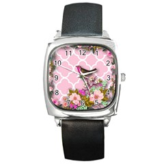 Shabby Chic, Floral,pink,birds,cute,whimsical Square Metal Watch by NouveauDesign