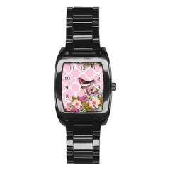 Shabby Chic, Floral,pink,birds,cute,whimsical Stainless Steel Barrel Watch by NouveauDesign