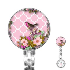 Shabby Chic, Floral,pink,birds,cute,whimsical Stainless Steel Nurses Watch by NouveauDesign