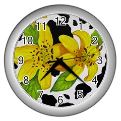 Floral Cow Print Wall Clocks (silver)  by dawnsiegler