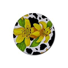 Floral Cow Print Rubber Coaster (round)  by dawnsiegler