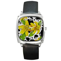 Floral Cow Print Square Metal Watch by dawnsiegler