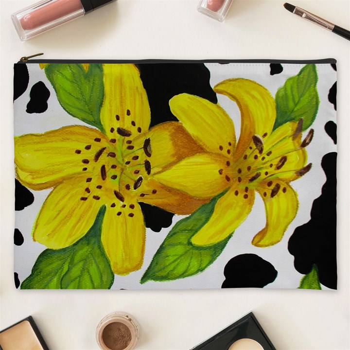 Floral Cow Print Cosmetic Bag (XXXL) 