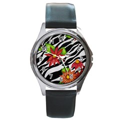 Floral Zebra Print Round Metal Watch by dawnsiegler