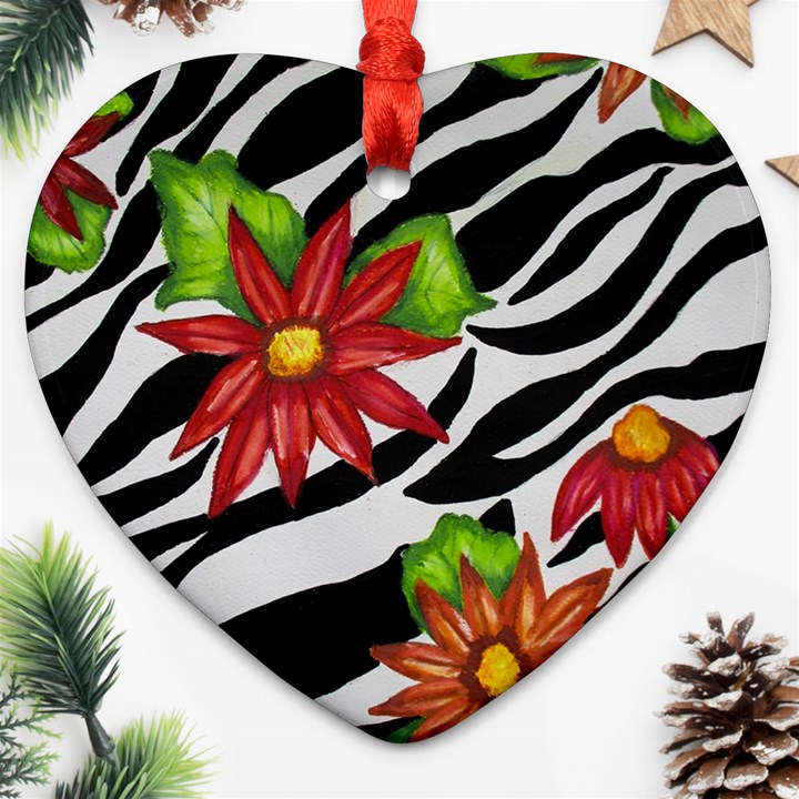 Floral Zebra Print Ornament (Heart)