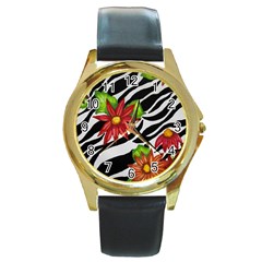 Floral Zebra Print Round Gold Metal Watch by dawnsiegler