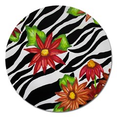 Floral Zebra Print Magnet 5  (round) by dawnsiegler