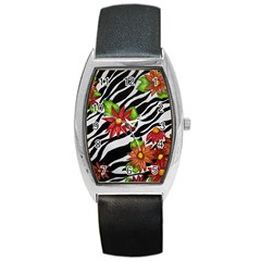 Floral Zebra Print Barrel Style Metal Watch by dawnsiegler