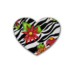 Floral Zebra Print Rubber Coaster (heart)  by dawnsiegler