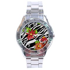 Floral Zebra Print Stainless Steel Analogue Watch by dawnsiegler