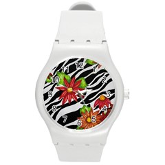 Floral Zebra Print Round Plastic Sport Watch (m) by dawnsiegler