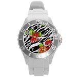 Floral Zebra Print Round Plastic Sport Watch (L) Front