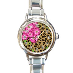 Floral Leopard Print Round Italian Charm Watch by dawnsiegler