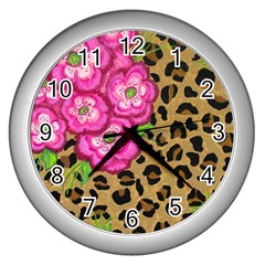 Floral Leopard Print Wall Clocks (silver)  by dawnsiegler