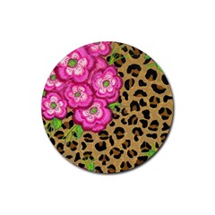 Floral Leopard Print Rubber Coaster (round)  by dawnsiegler