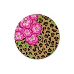 Floral Leopard Print Magnet 3  (round) by dawnsiegler