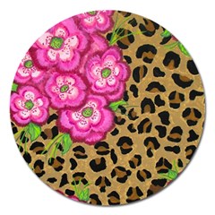 Floral Leopard Print Magnet 5  (round) by dawnsiegler