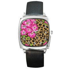 Floral Leopard Print Square Metal Watch by dawnsiegler