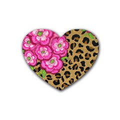 Floral Leopard Print Rubber Coaster (heart)  by dawnsiegler