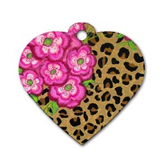 Floral Leopard Print Dog Tag Heart (two Sides) by dawnsiegler