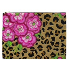 Floral Leopard Print Cosmetic Bag (xxl)  by dawnsiegler