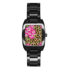 Floral Leopard Print Stainless Steel Barrel Watch by dawnsiegler