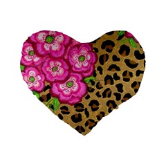 Floral Leopard Print Standard 16  Premium Flano Heart Shape Cushions by dawnsiegler