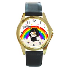 Cute Grim Reaper Round Gold Metal Watch by Valentinaart