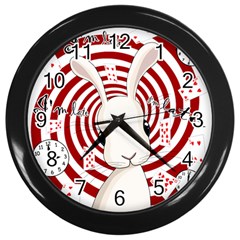 White Rabbit In Wonderland Wall Clocks (black) by Valentinaart