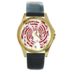 White Rabbit In Wonderland Round Gold Metal Watch by Valentinaart