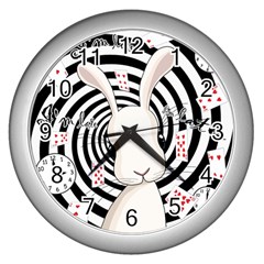 White Rabbit In Wonderland Wall Clocks (silver)  by Valentinaart