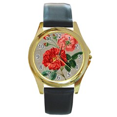 Flower Floral Background Red Rose Round Gold Metal Watch by Nexatart