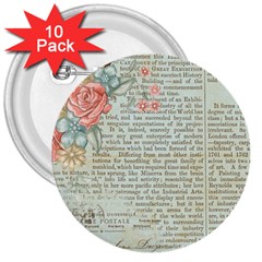 Vintage Floral Background Paper 3  Buttons (10 Pack)  by Nexatart