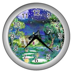 Background Fairy Tale Watercolor Wall Clocks (Silver) 