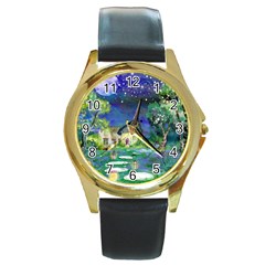 Background Fairy Tale Watercolor Round Gold Metal Watch