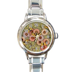 Flower Butterfly Cubism Mosaic Round Italian Charm Watch by Nexatart