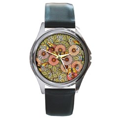 Flower Butterfly Cubism Mosaic Round Metal Watch by Nexatart