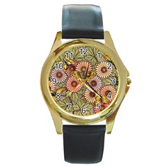 Flower Butterfly Cubism Mosaic Round Gold Metal Watch by Nexatart