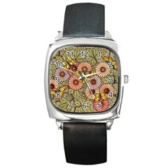 Flower Butterfly Cubism Mosaic Square Metal Watch by Nexatart