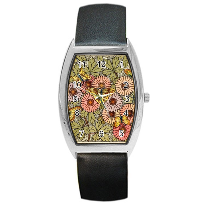 Flower Butterfly Cubism Mosaic Barrel Style Metal Watch