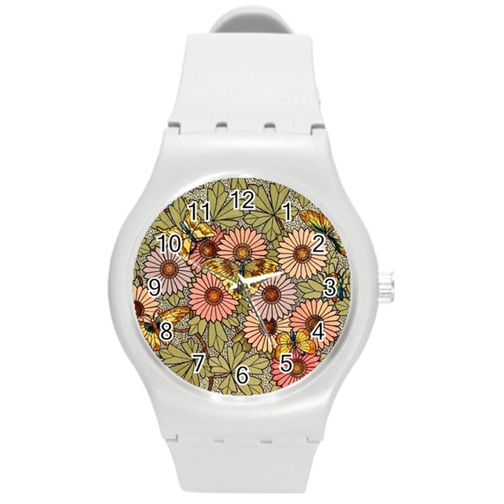 Flower Butterfly Cubism Mosaic Round Plastic Sport Watch (M)