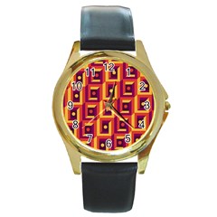 3 D Squares Abstract Background Round Gold Metal Watch