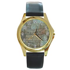 Wall Stone Granite Brick Solid Round Gold Metal Watch by Nexatart