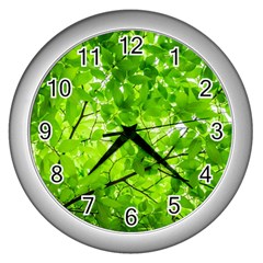 Green Wood The Leaves Twig Leaf Texture Wall Clocks (silver)  by Nexatart