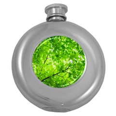 Green Wood The Leaves Twig Leaf Texture Round Hip Flask (5 Oz) by Nexatart